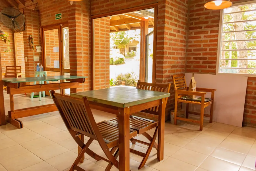 Comedor con mesas de madera y ventanales